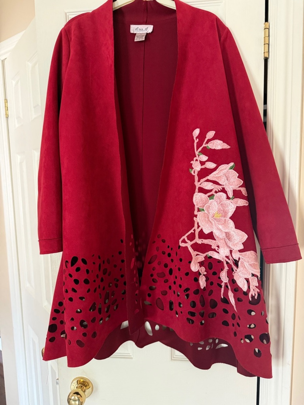 Anna Red Open-Front Cardigan with Pink Floral Embroidery